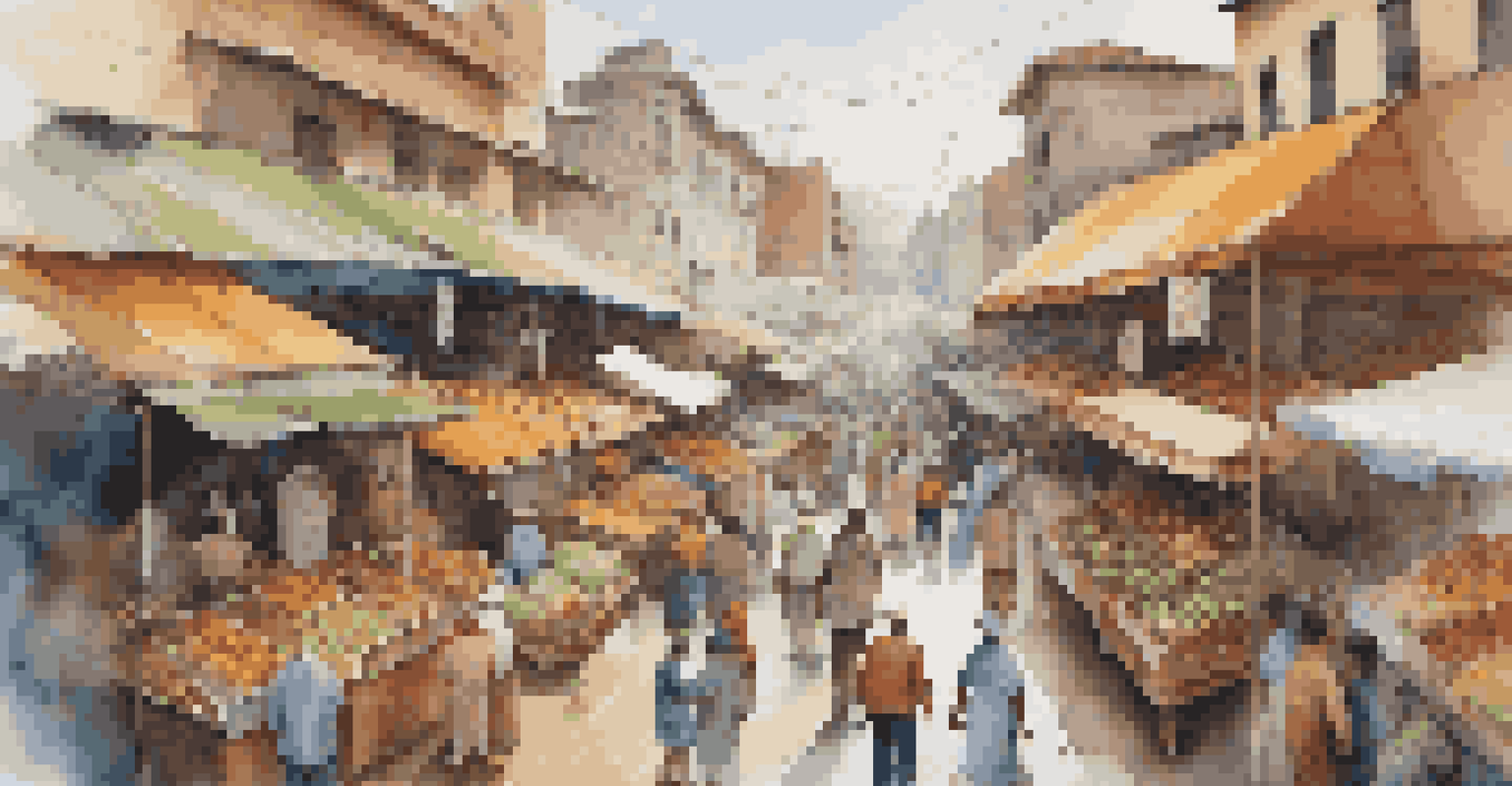 A colorful aerial view of a busy market with various stalls and people interacting, showcasing the lively atmosphere of city life.