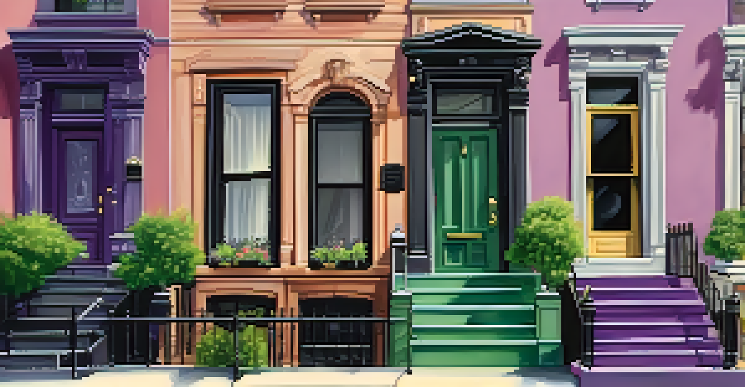 A charming brownstone building with a purple door in New York, surrounded by greenery.