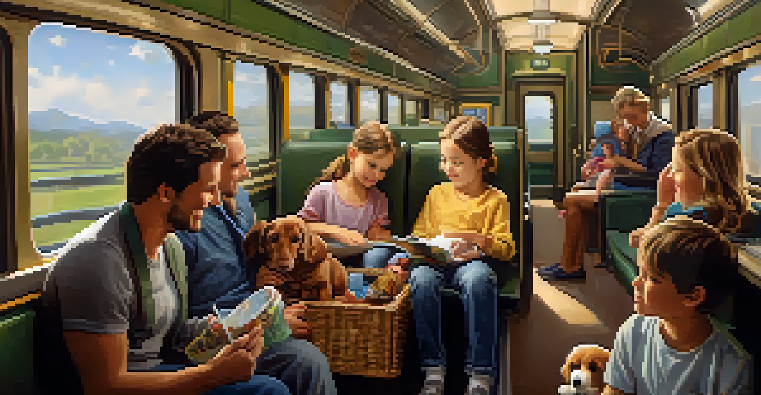 A family on a train with children engaged in quiet activities and a pet in a carrier, creating a friendly and warm travel atmosphere.