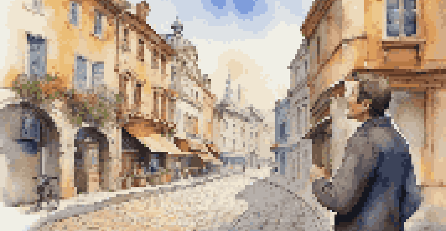 A traveler looking at a map with a puzzled expression on a cobblestone street in a foreign city.