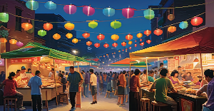 A vibrant street food market at dusk with illuminated stalls and diverse crowds enjoying food.