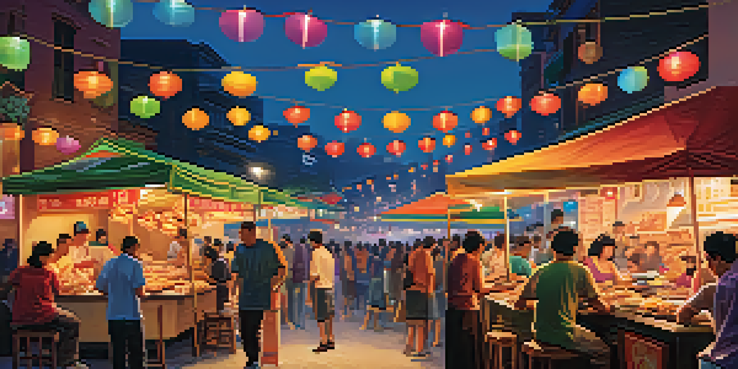A vibrant street food market at dusk with illuminated stalls and diverse crowds enjoying food.