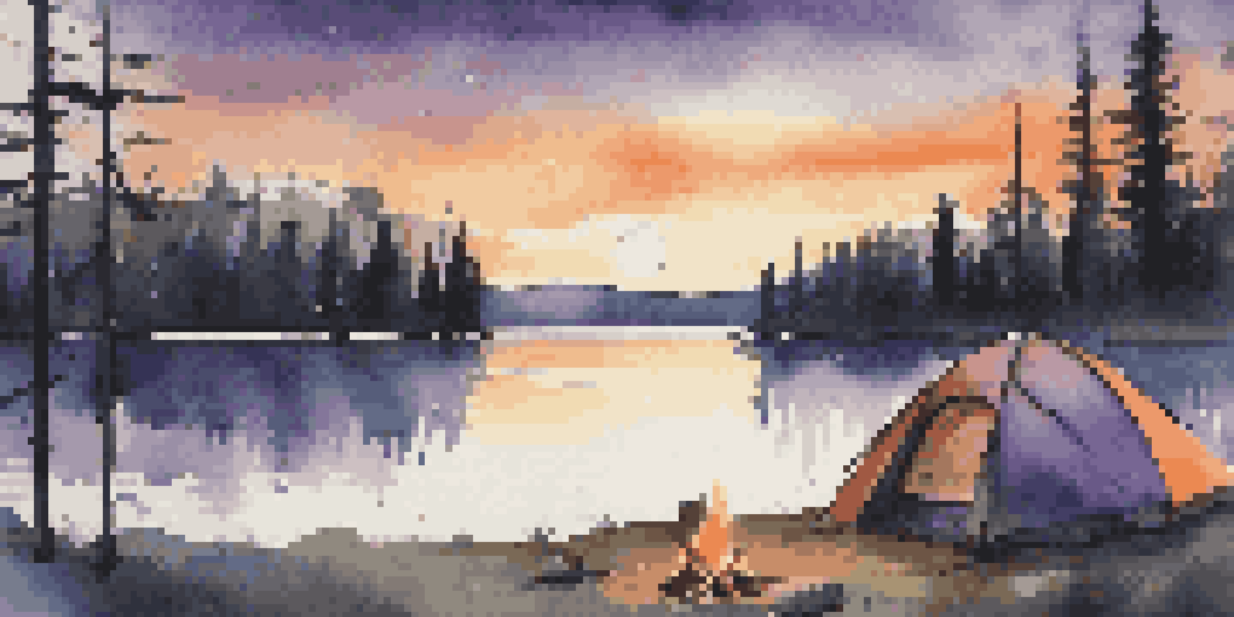 A peaceful camping scene at dusk with a tent by a lake, surrounded by trees and a glowing campfire.