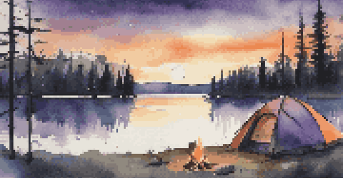 A peaceful camping scene at dusk with a tent by a lake, surrounded by trees and a glowing campfire.