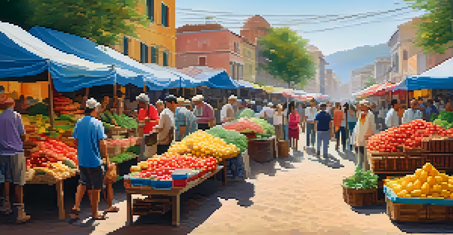 Travelers exploring a colorful local market filled with fresh produce and handmade crafts, enjoying the lively atmosphere.