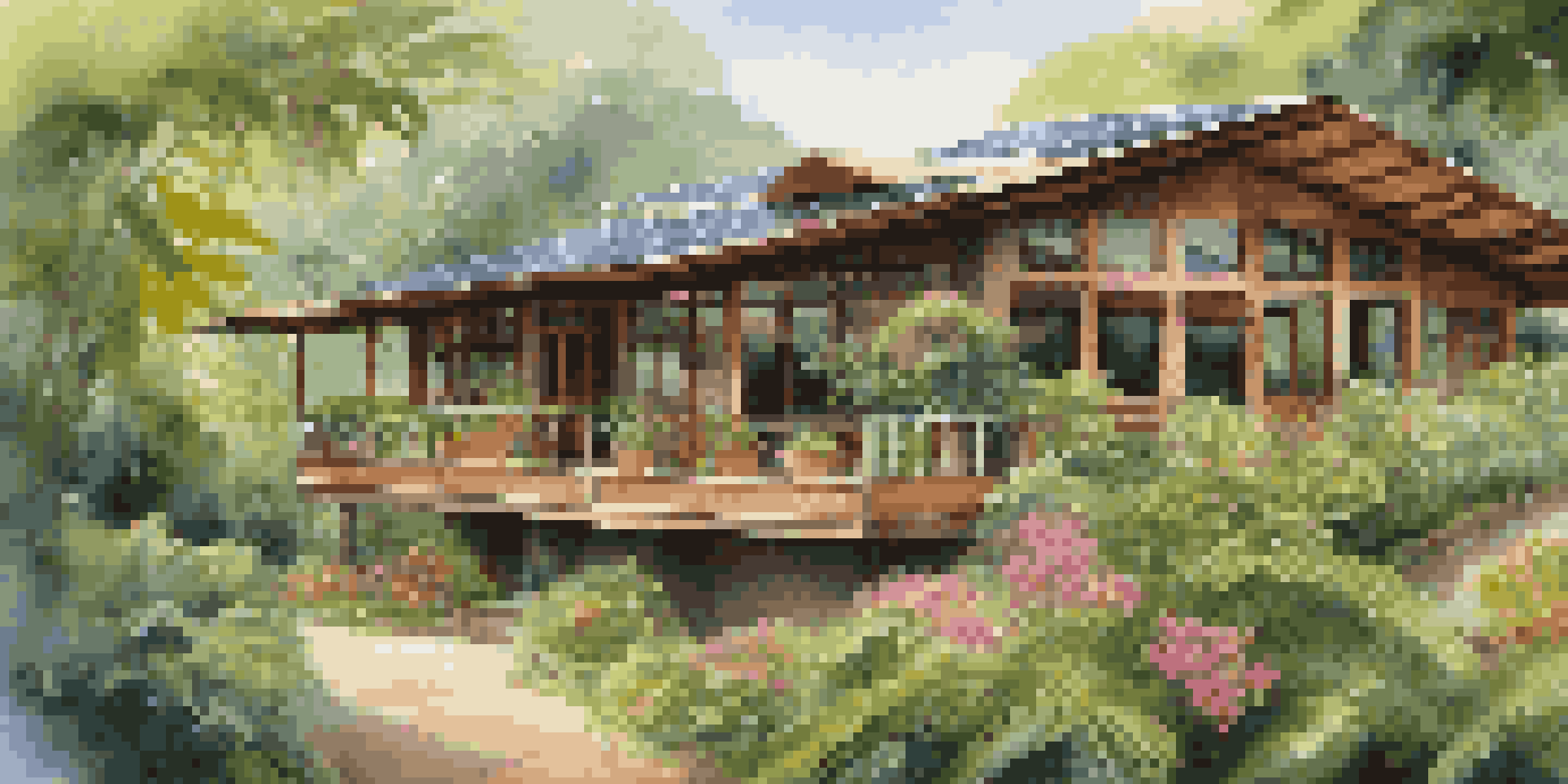 A beautiful eco-lodge surrounded by tropical plants in Costa Rica, with large windows and solar panels on the roof, under soft morning light.