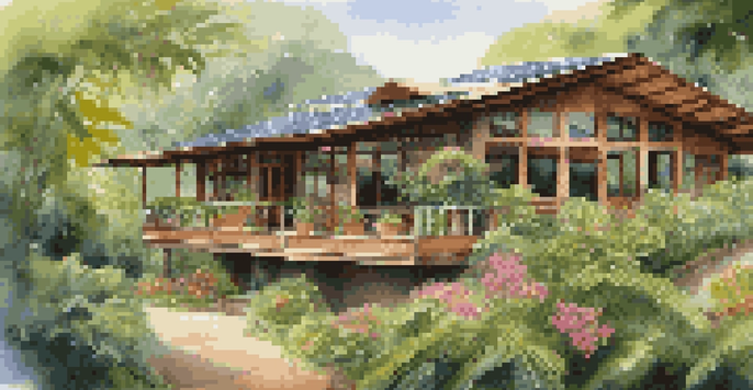 A beautiful eco-lodge surrounded by tropical plants in Costa Rica, with large windows and solar panels on the roof, under soft morning light.