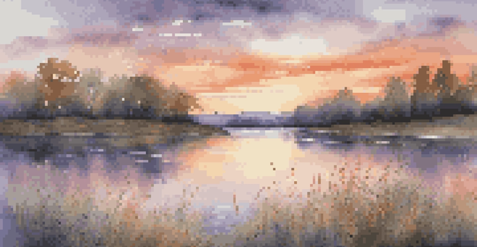 A tranquil lake at sunset with vibrant colors reflecting on the water, surrounded by blooming wildflowers.