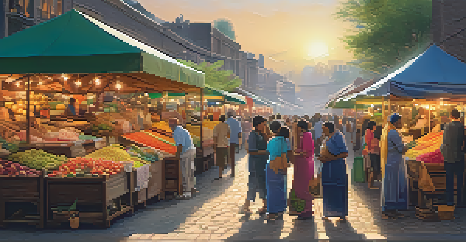 A lively market filled with colorful stalls and shoppers interacting with vendors under warm lights.