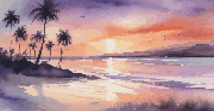 A beautiful beach at sunset with colorful skies and palm trees.