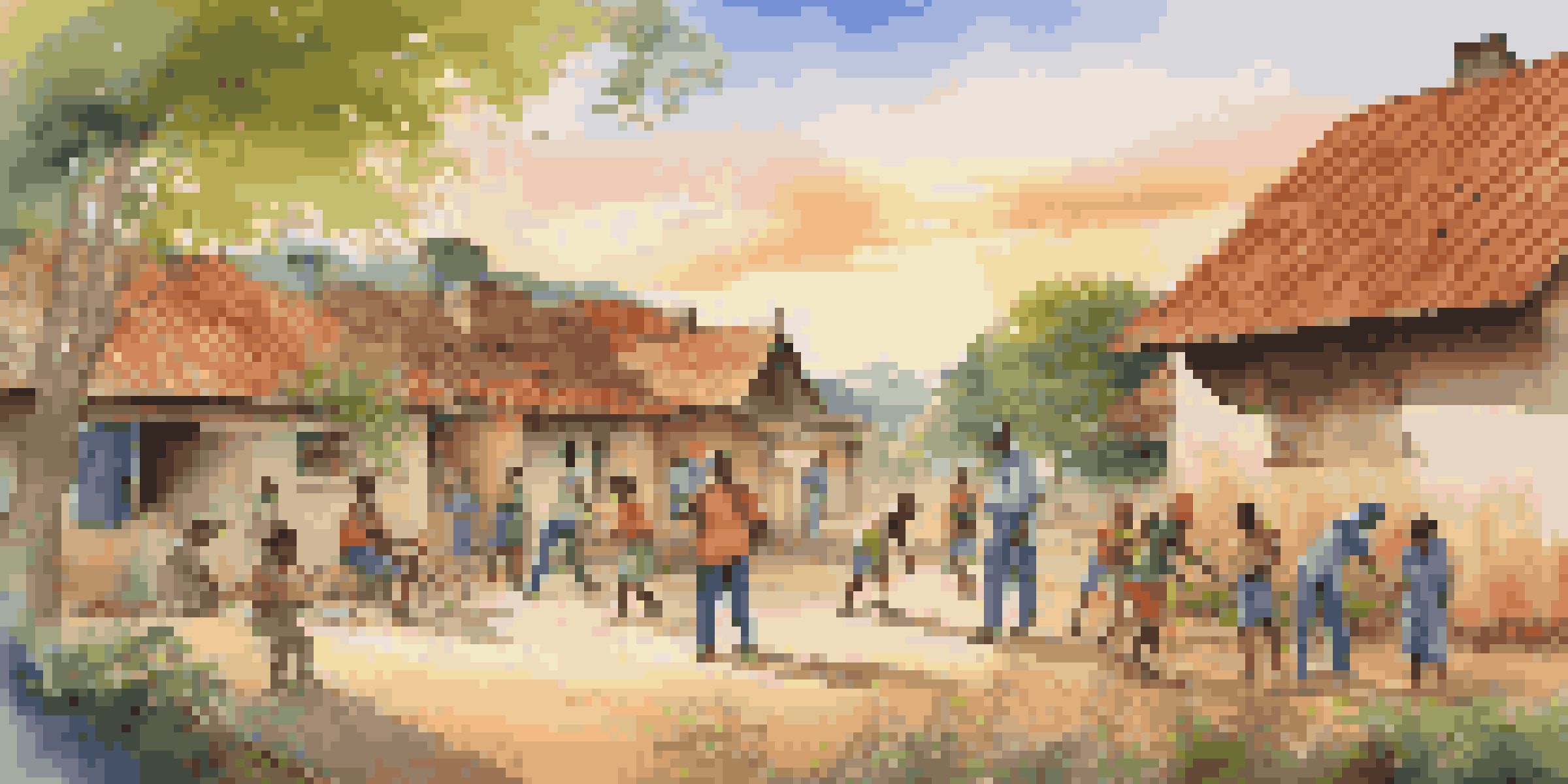 A diverse group of volunteers working together in a vibrant village, teaching children, building, and planting trees under a warm sunset.