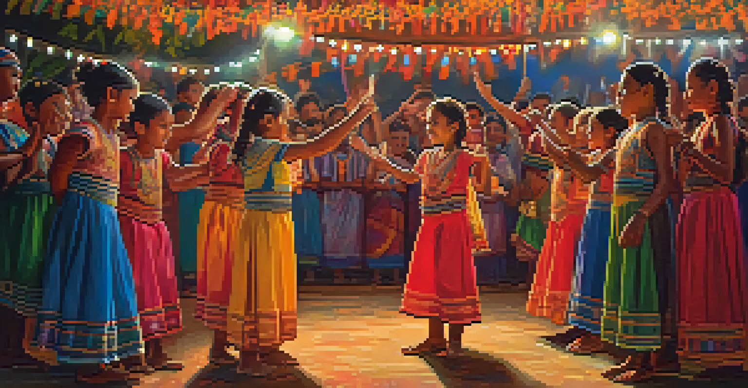 Children in colorful costumes dancing at a festival with an audience in the background, illuminated by warm lights.