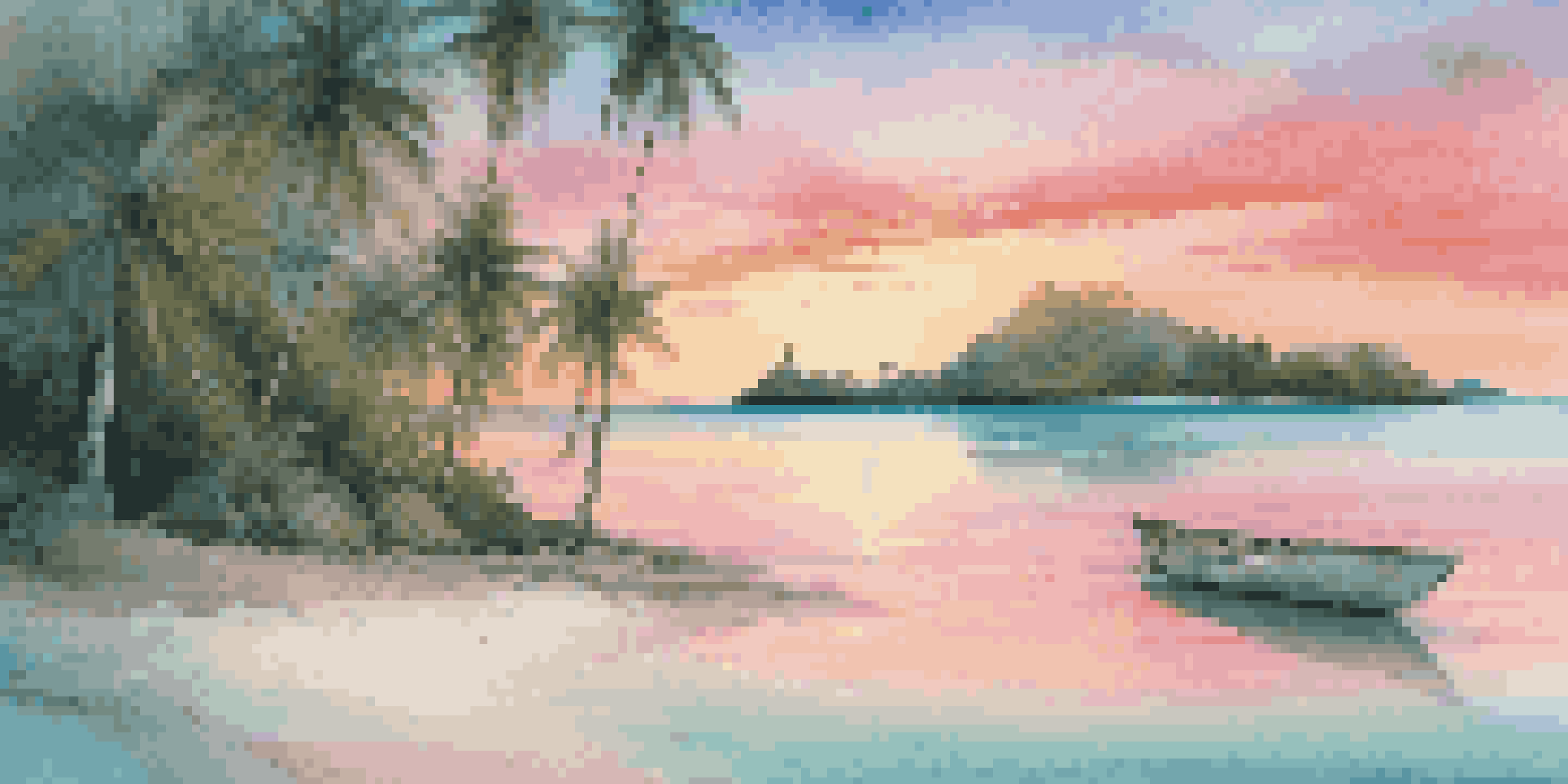 A beautiful tropical island with sandy beaches and turquoise waters at sunset.