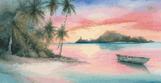 A beautiful tropical island with sandy beaches and turquoise waters at sunset.