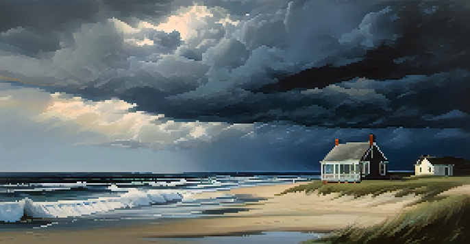 A coastal landscape with dark clouds gathering over the ocean and a small beach house in the foreground.