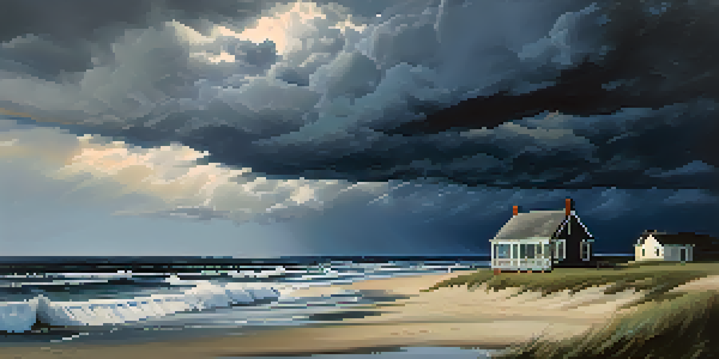A coastal landscape with dark clouds gathering over the ocean and a small beach house in the foreground.