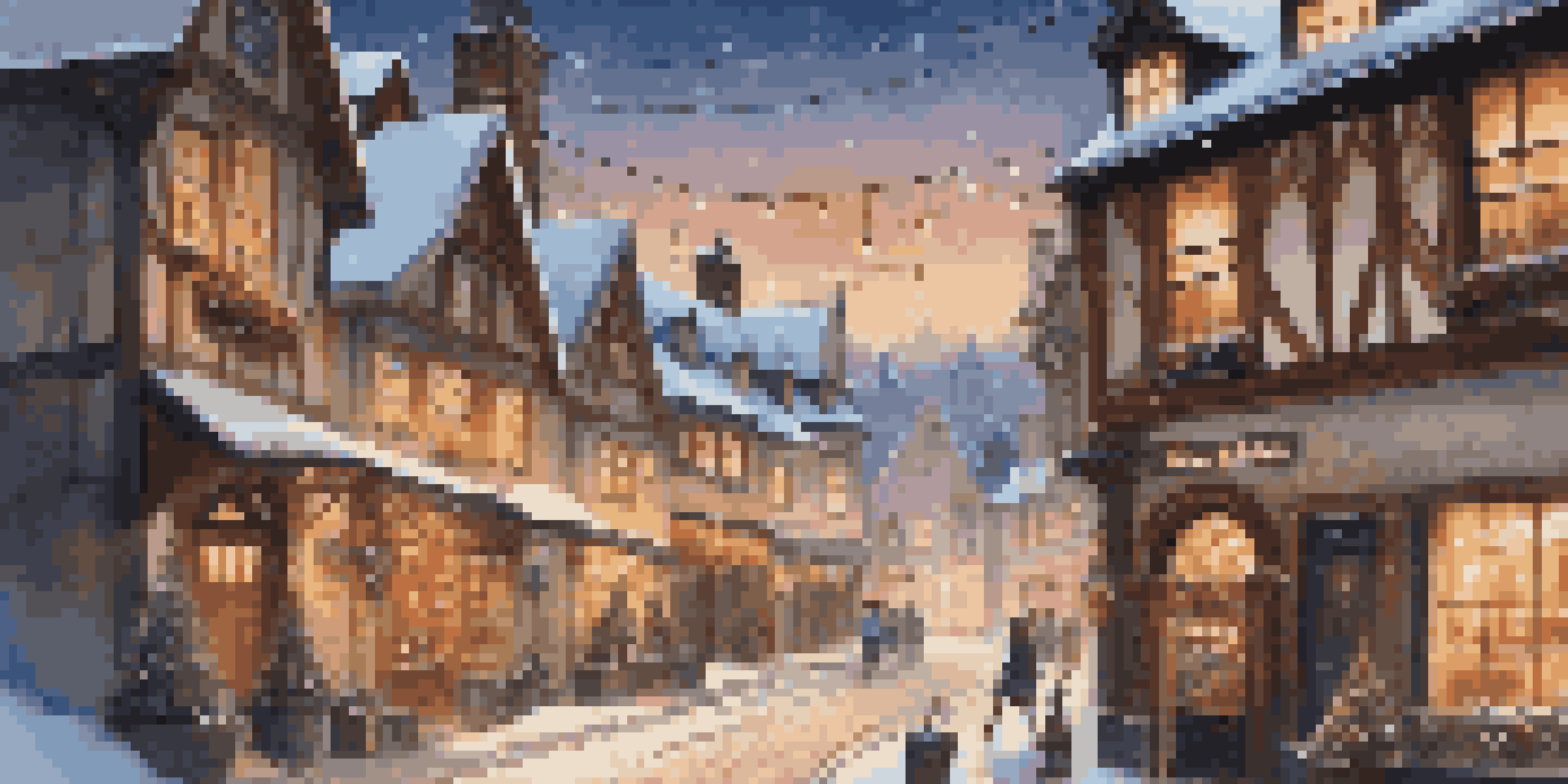 A picturesque winter village at dusk, featuring snow-covered roofs, warm glowing windows, and twinkling lights.