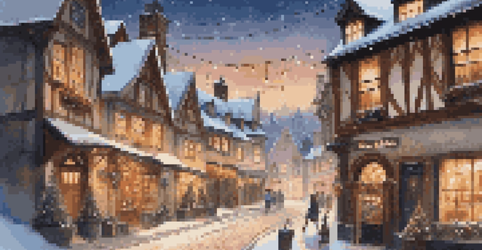 A picturesque winter village at dusk, featuring snow-covered roofs, warm glowing windows, and twinkling lights.