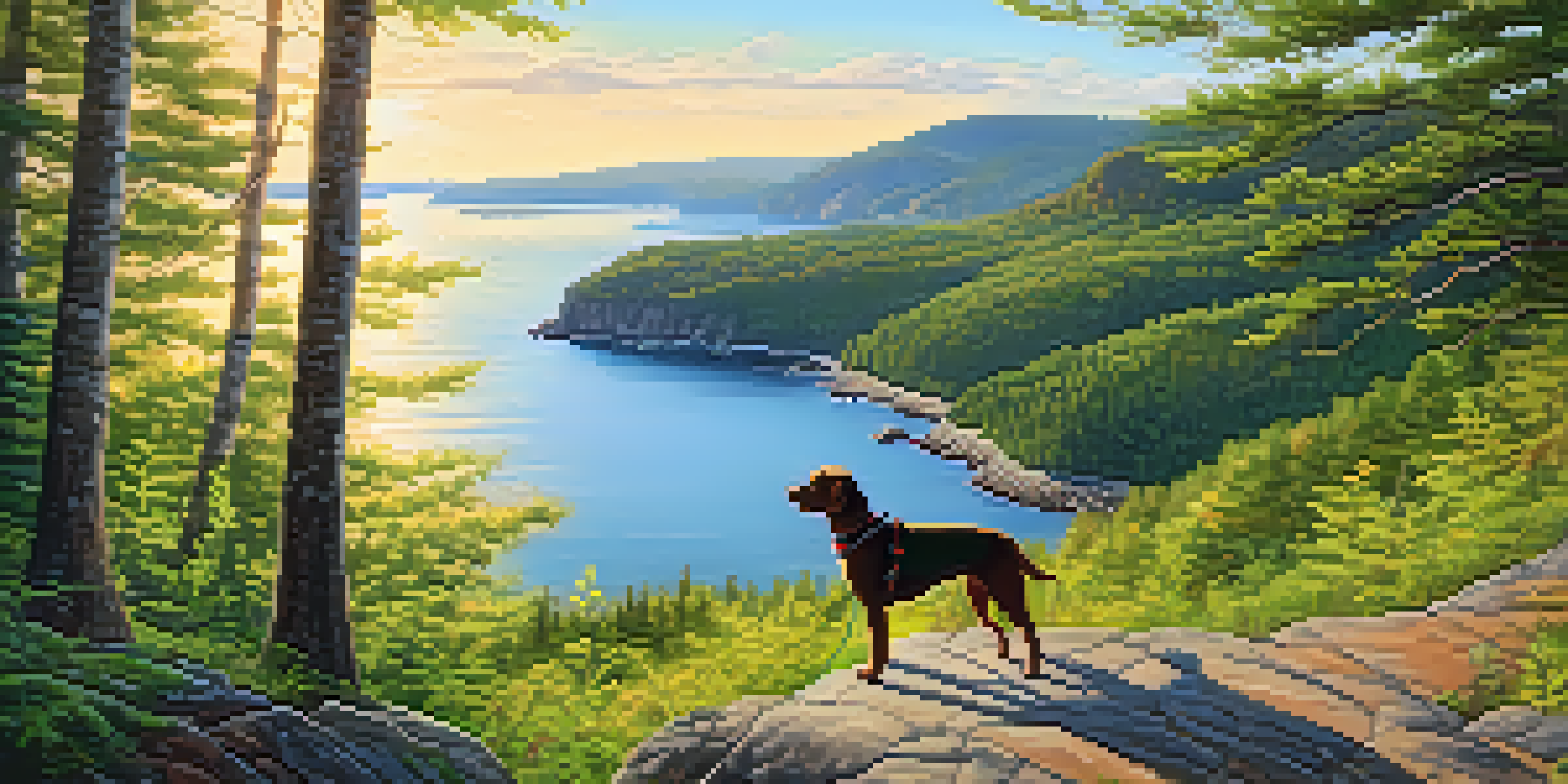 A dog and its owner hiking on a trail in Acadia National Park, with coastal views and sunlight filtering through the trees.