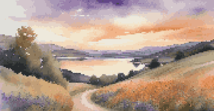 A beautiful landscape during sunset, featuring hills, a winding path with wildflowers, and a calm lake reflecting the colorful sky.