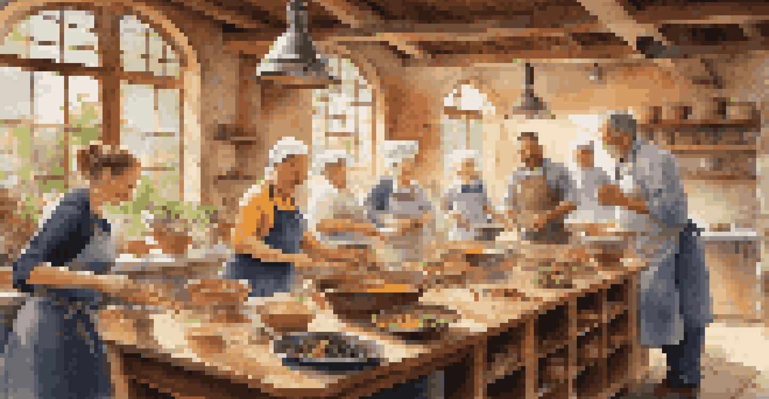 A local chef leading a cooking class with participants, showcasing fresh ingredients and traditional recipes in a rustic kitchen filled with sunlight.