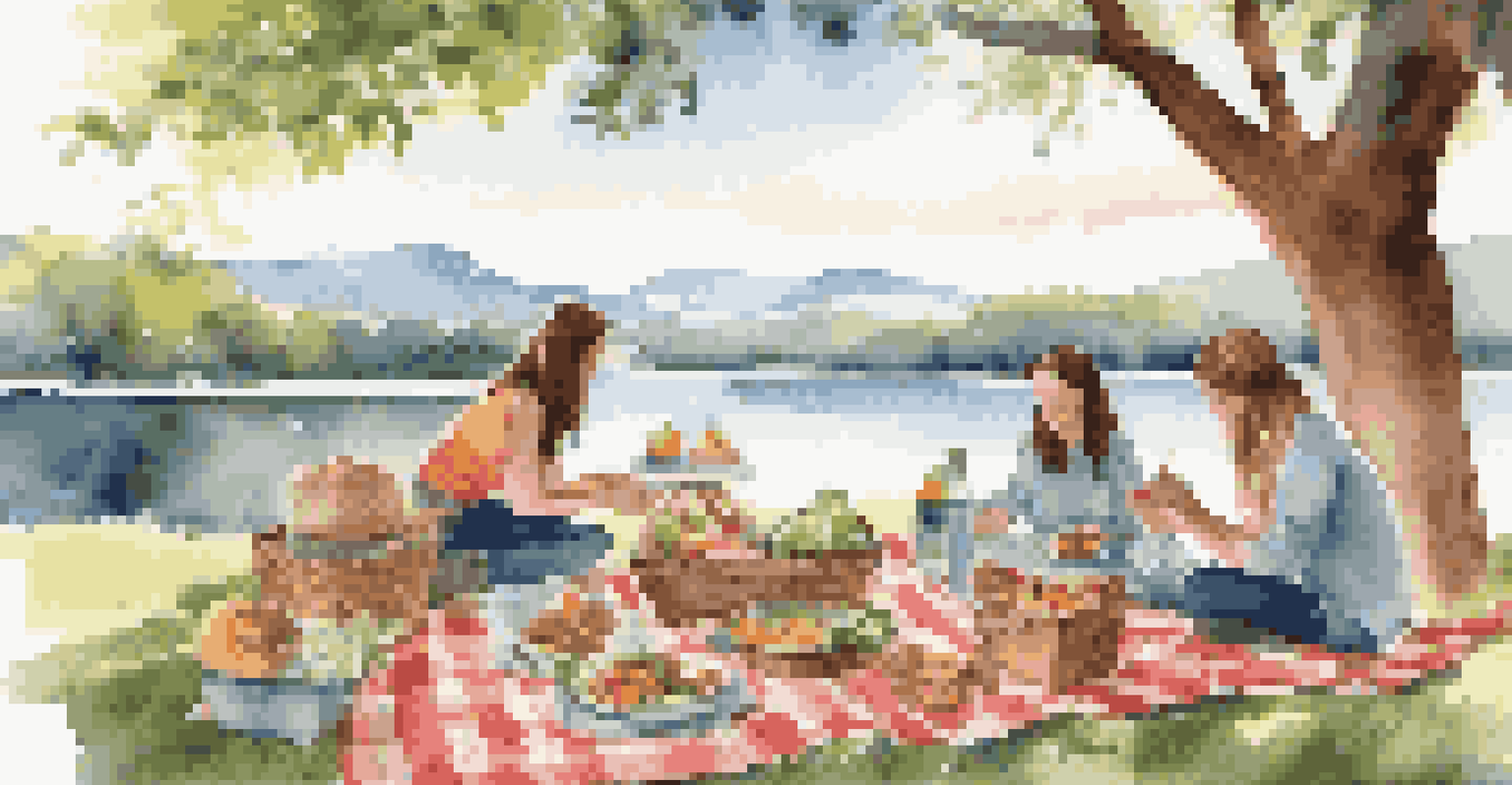 Friends enjoying a picnic with homemade meals in reusable containers near a lake and mountains.