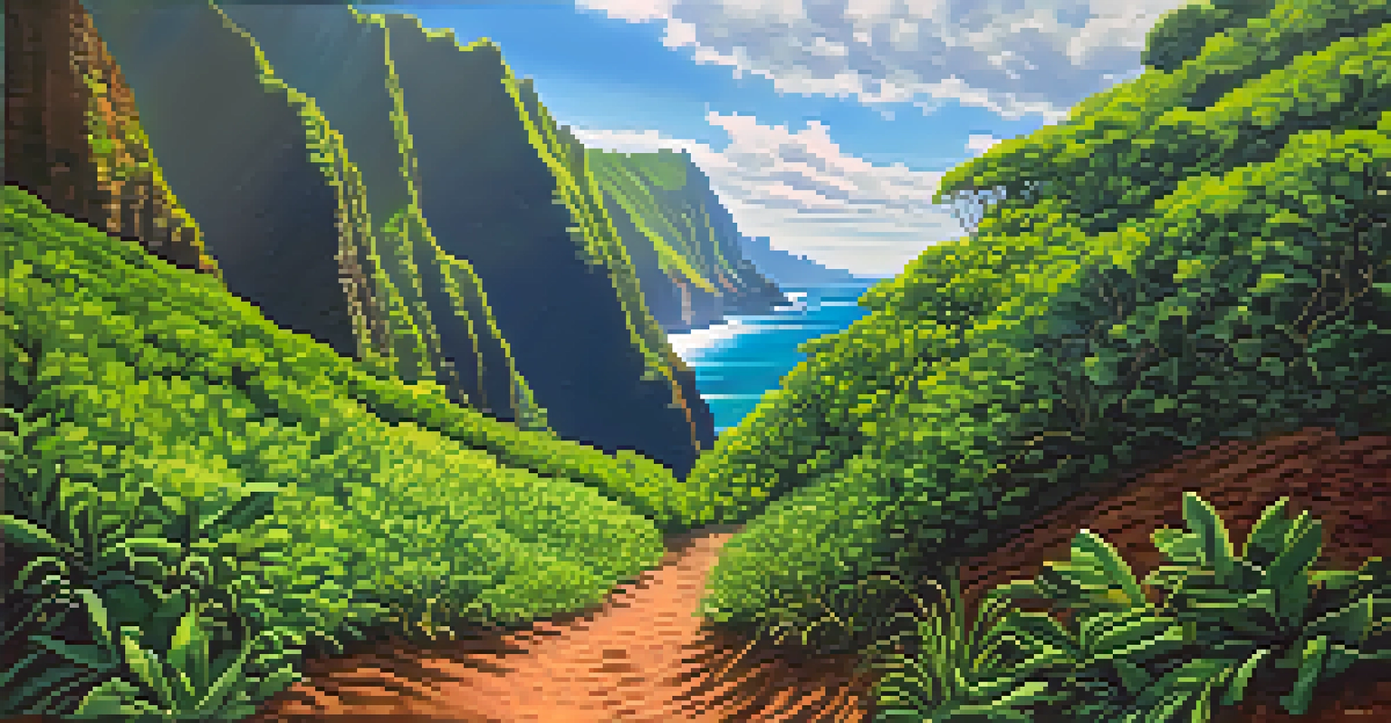 A stunning view of the Kalalau Trail featuring steep cliffs and the sparkling ocean below.