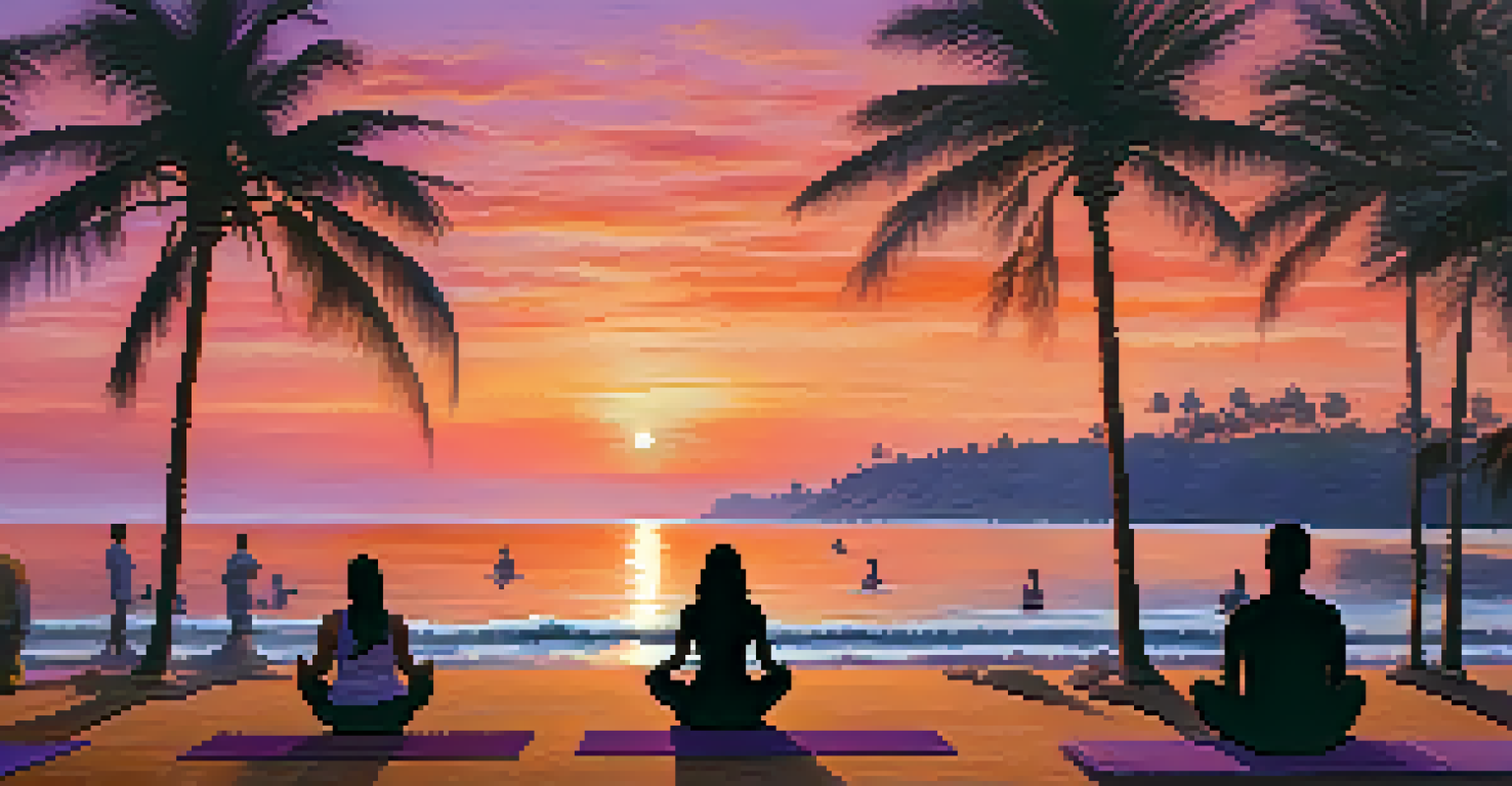 Individuals meditating on the beach at sunrise, with vibrant colors in the sky and ocean waves gently lapping at the shore.