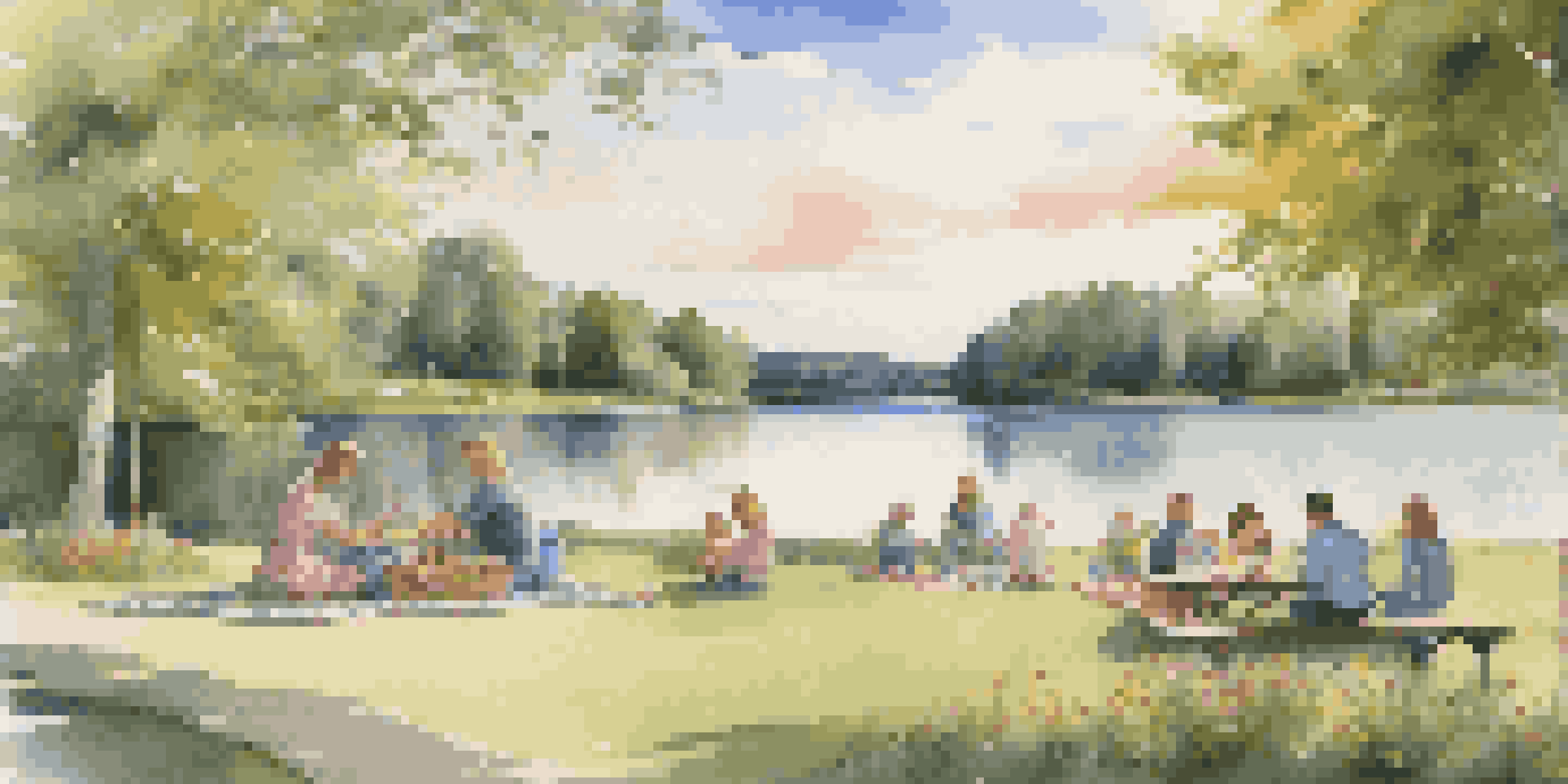 A family enjoying a picnic at a scenic rest stop with a lake and wildflowers in the background.