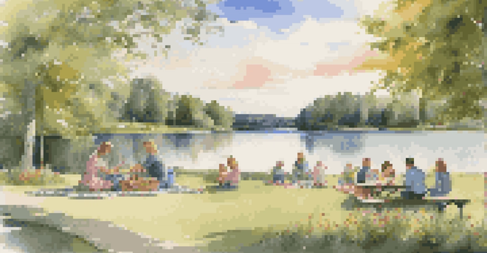 A family enjoying a picnic at a scenic rest stop with a lake and wildflowers in the background.