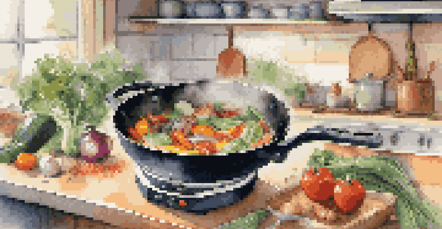 A cozy kitchen scene with a compact electric skillet on the countertop, fresh vegetables, and spices, with steam and warm lighting enhancing the atmosphere.