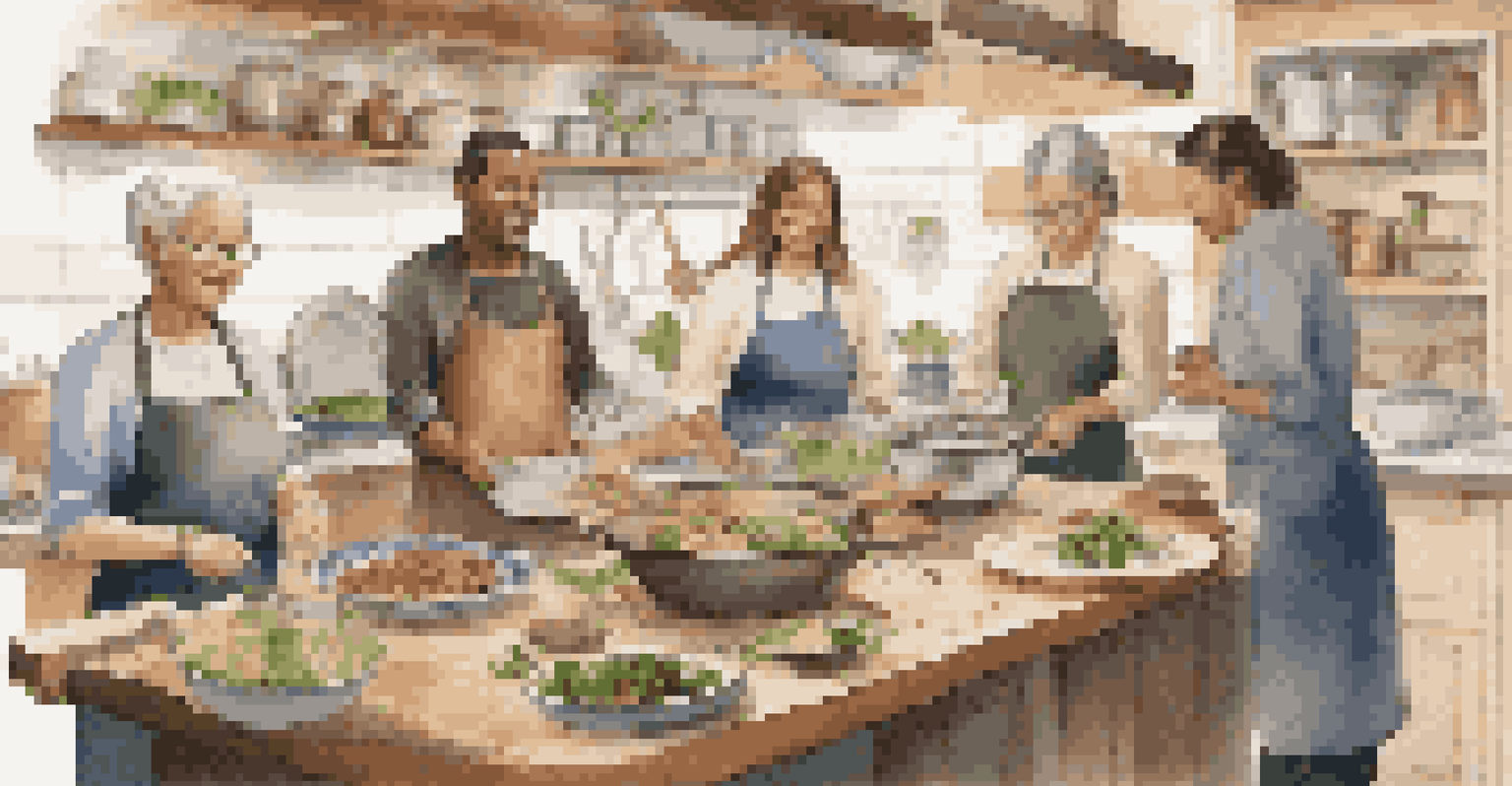Participants in a cooking class attentively learning from an instructor in a warm kitchen.