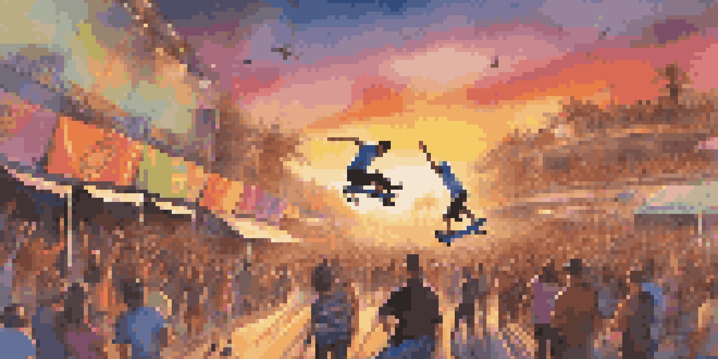 An energetic extreme sports festival with skateboarders performing tricks at sunset, surrounded by a cheering crowd and colorful banners.