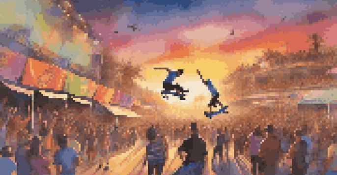 An energetic extreme sports festival with skateboarders performing tricks at sunset, surrounded by a cheering crowd and colorful banners.