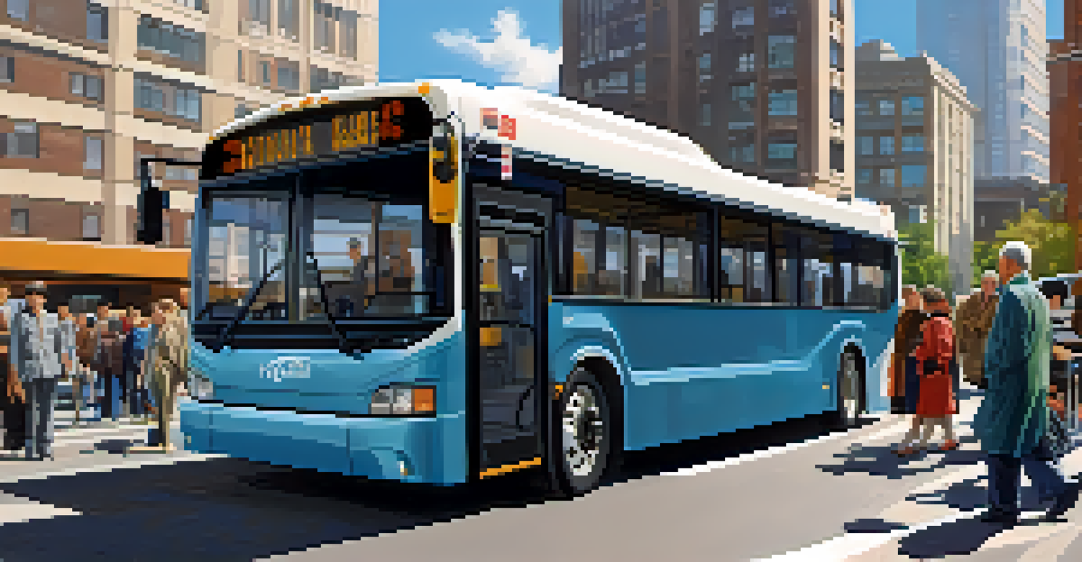 A spacious interior of a modern city bus with accessibility features, including seating for seniors and a wheelchair ramp, parked at an urban stop.