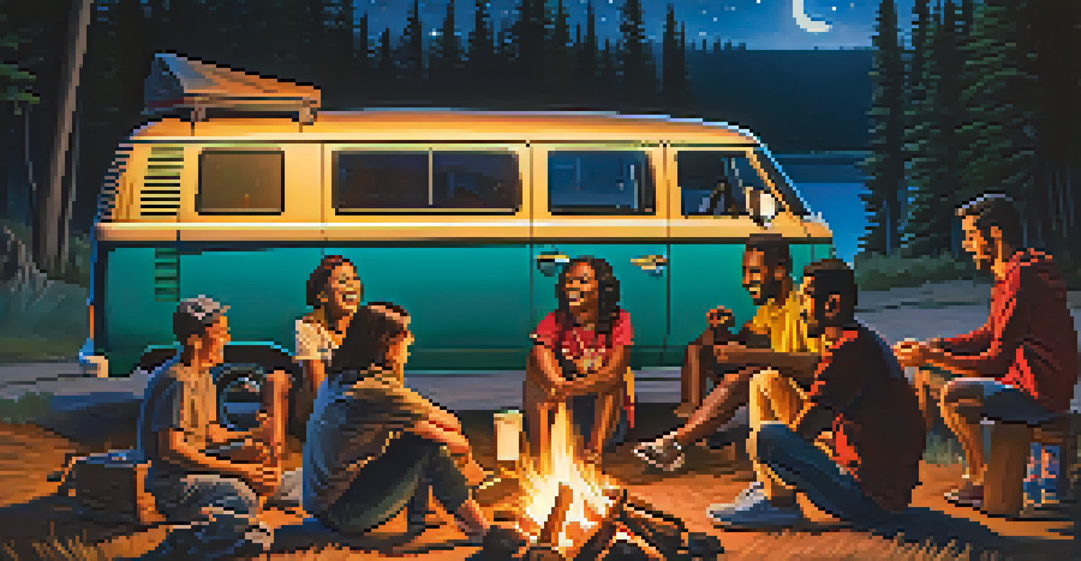 A group of van lifers around a campfire at night, with a starry sky and colorful vans in the background.