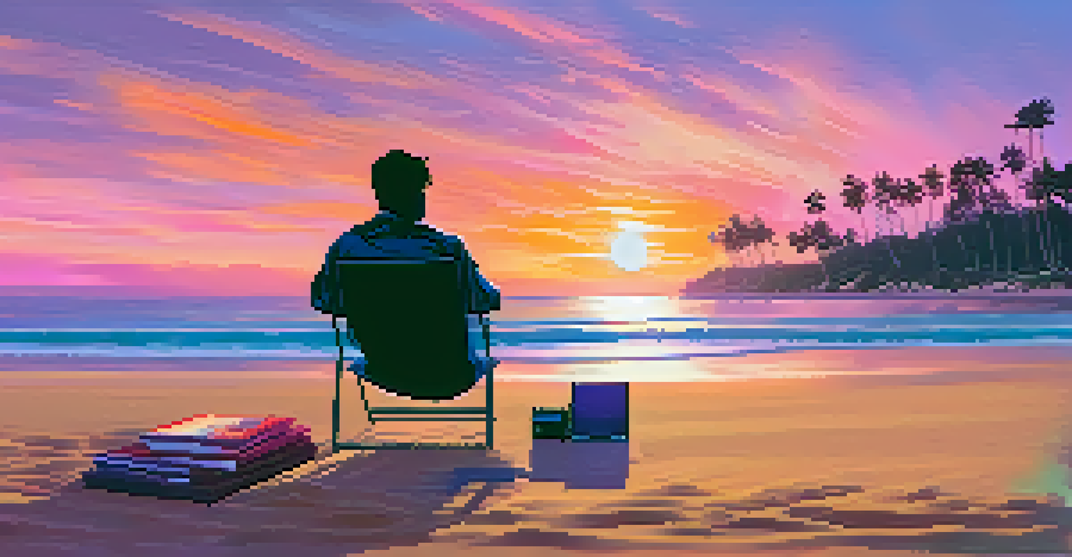 A digital nomad working on a laptop on the beach at sunset, surrounded by a beautiful ocean view.