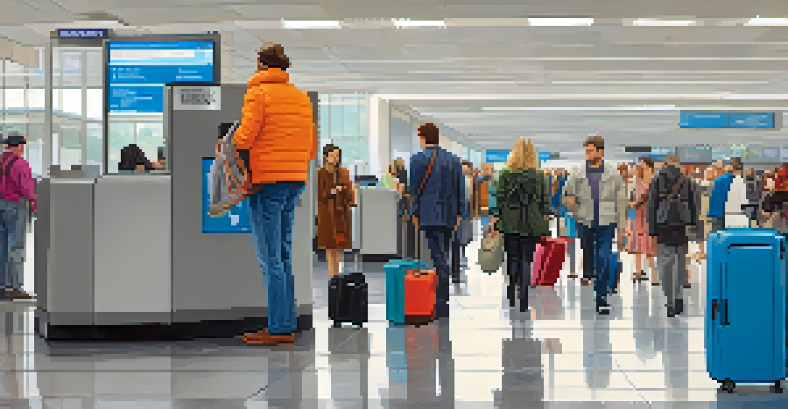A traveler at an airport security checkpoint with a carry-on bag and clear bins for items.