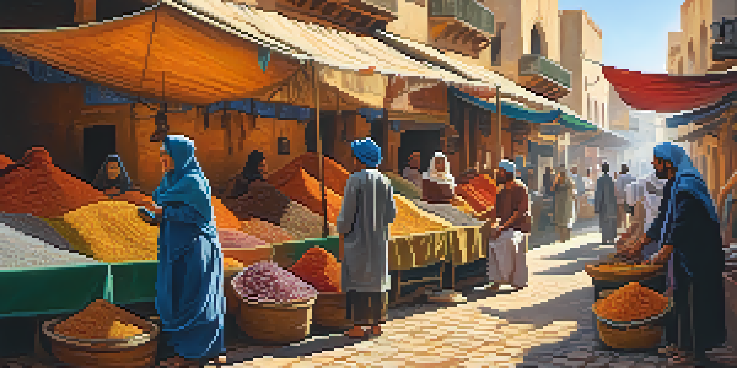A lively Moroccan market with colorful spices, textiles, and a traveler practicing Arabic with a vendor under bright sunlight.
