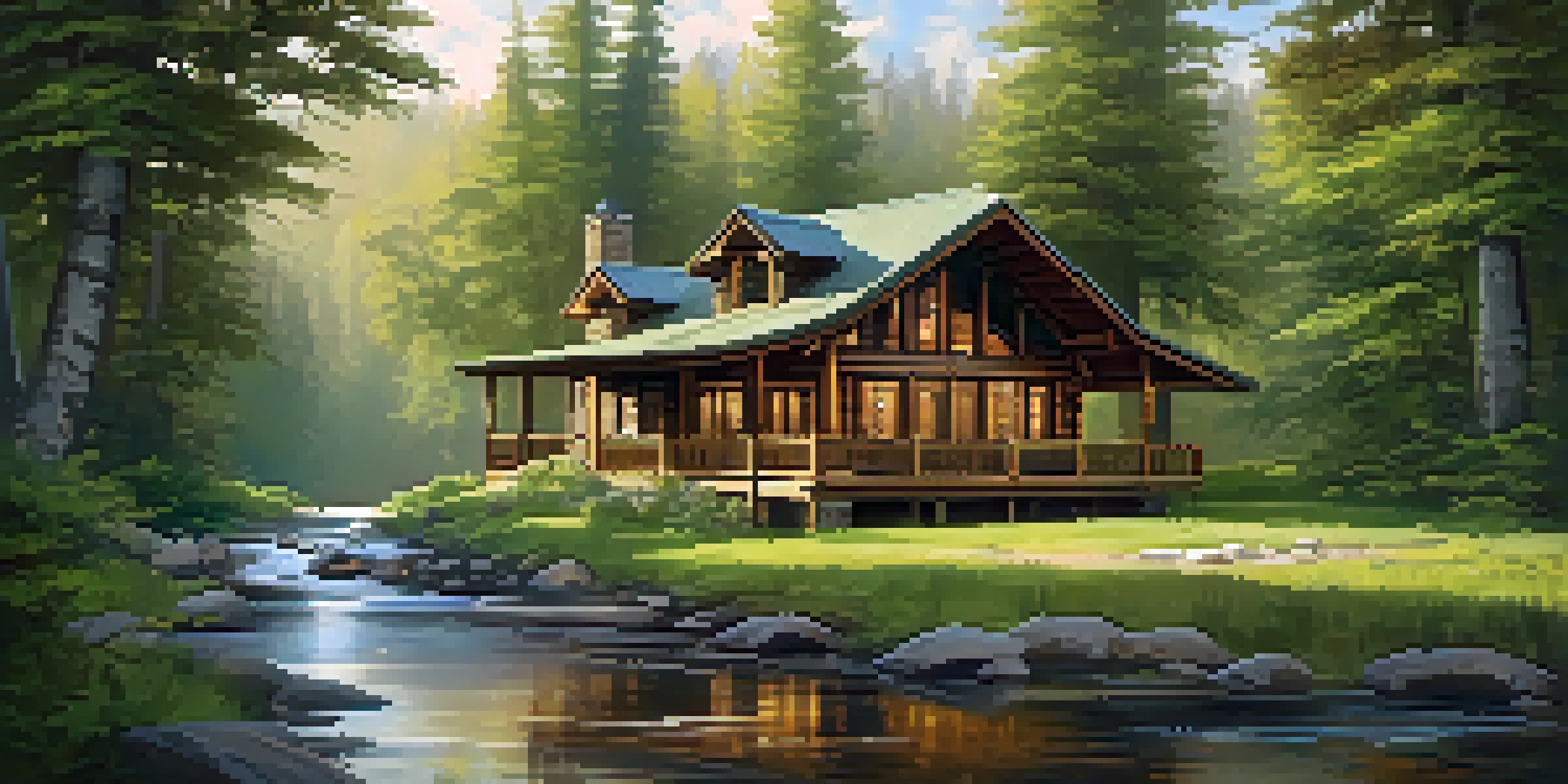 A cozy eco-friendly lodge surrounded by a vibrant green forest with sunlight filtering through the trees.