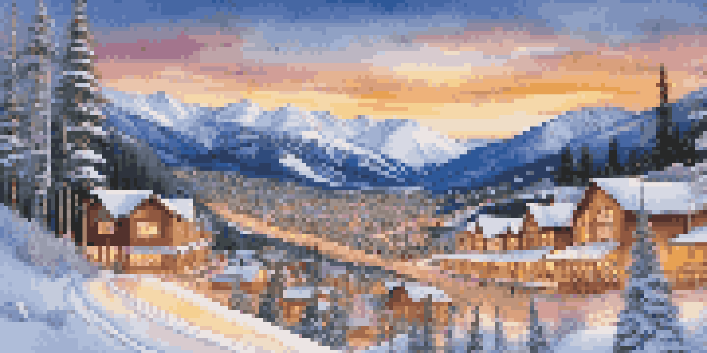 A panoramic view of a snowy Aspen village with skiers on the slopes and warm light emanating from cozy lodges.