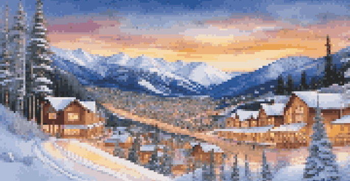 A panoramic view of a snowy Aspen village with skiers on the slopes and warm light emanating from cozy lodges.