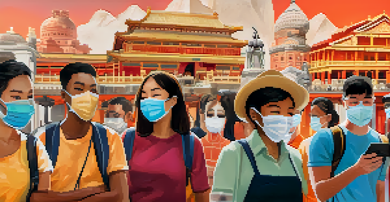 A collage of travelers in different locations wearing face masks and engaging in activities while being safe.