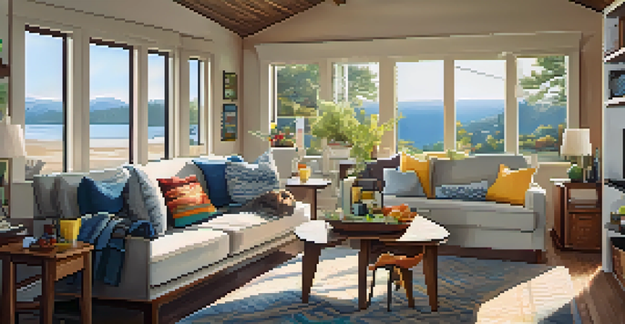 A bright and inviting family vacation rental with a spacious living room and kitchen area filled with sunlight.