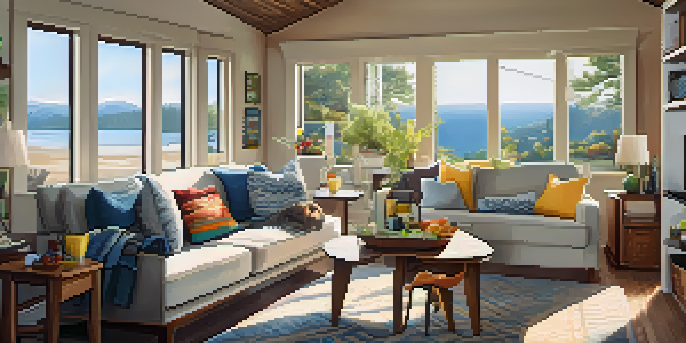 A bright and inviting family vacation rental with a spacious living room and kitchen area filled with sunlight.