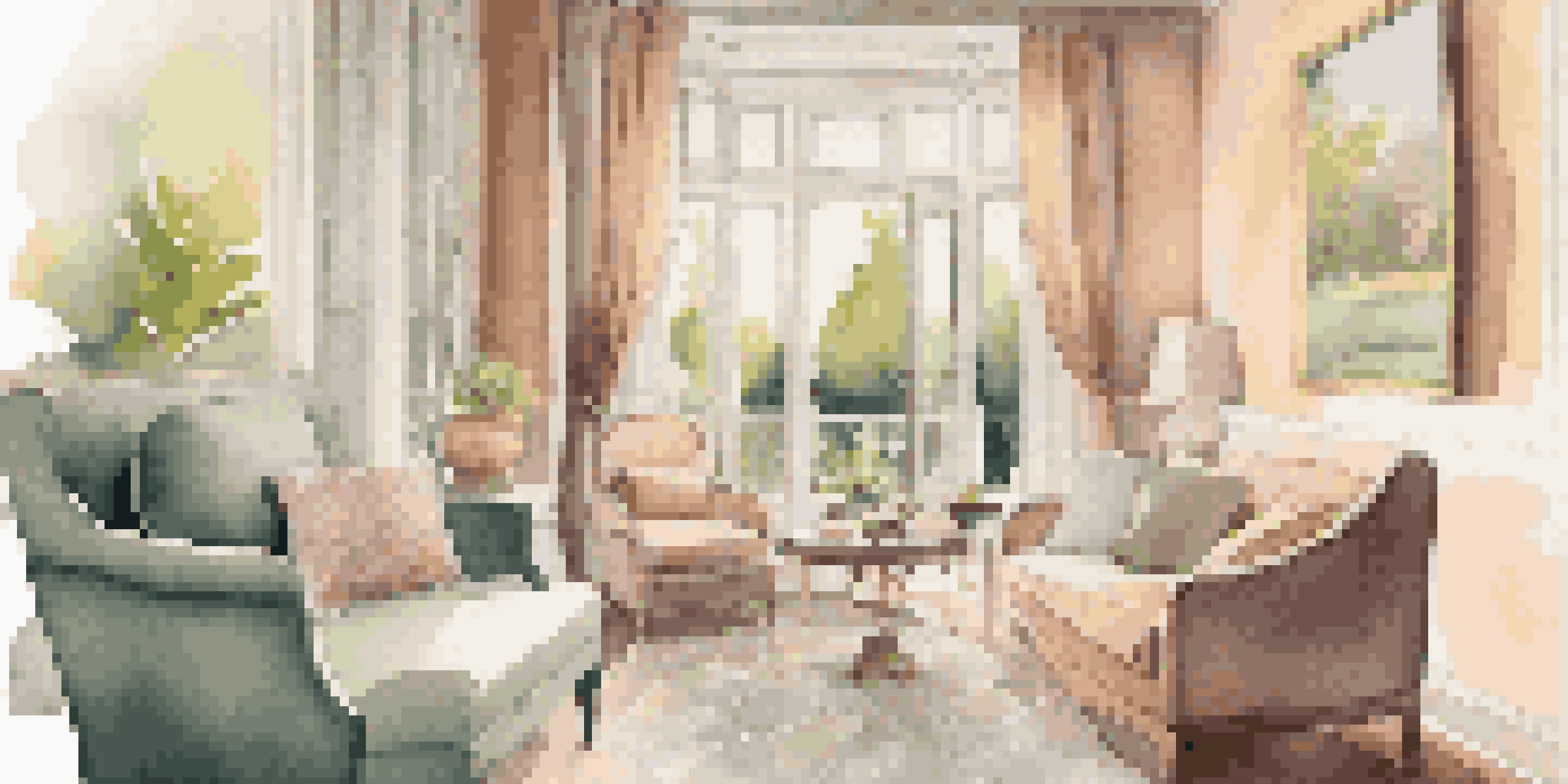 A cozy and elegant boutique hotel room with soft colors and a view of a garden.