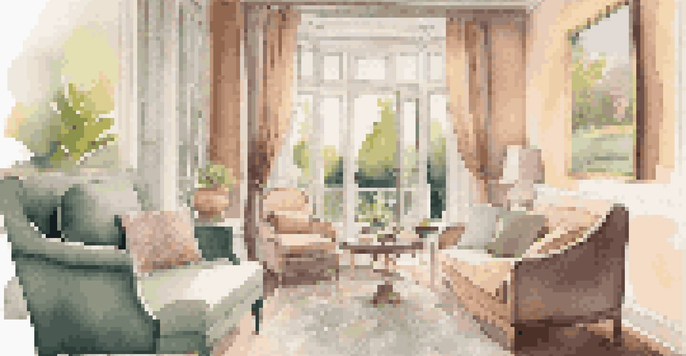 A cozy and elegant boutique hotel room with soft colors and a view of a garden.