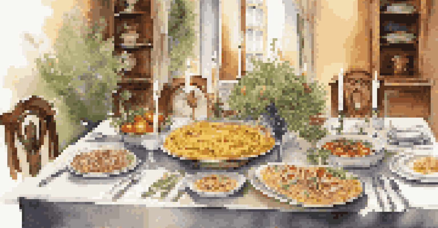 An elegantly set dining table for a traditional Italian meal, featuring pasta, bread, and fresh vegetables with warm lighting.