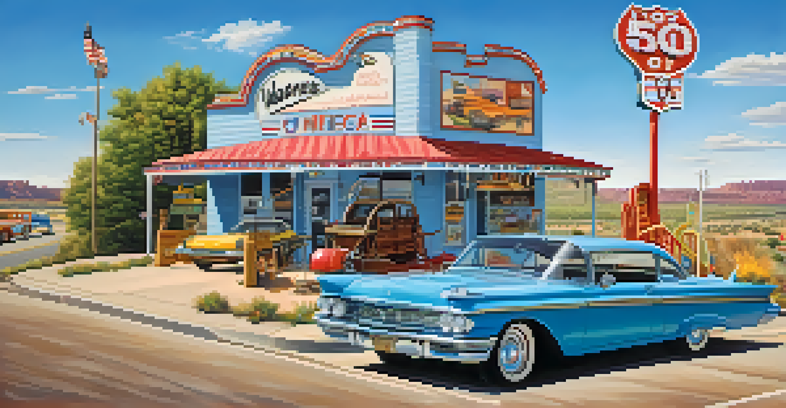 A classic car and a dog in front of the World's Largest Rocking Chair on Route 66.