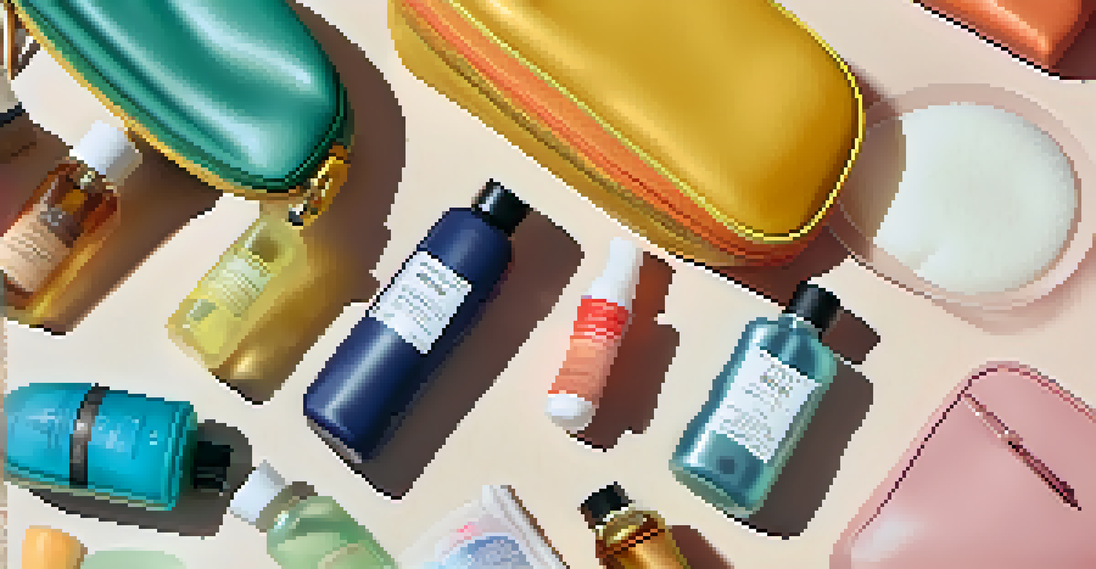 A close-up of an open waterproof toiletry bag displaying colorful travel-sized toiletries and solid products.